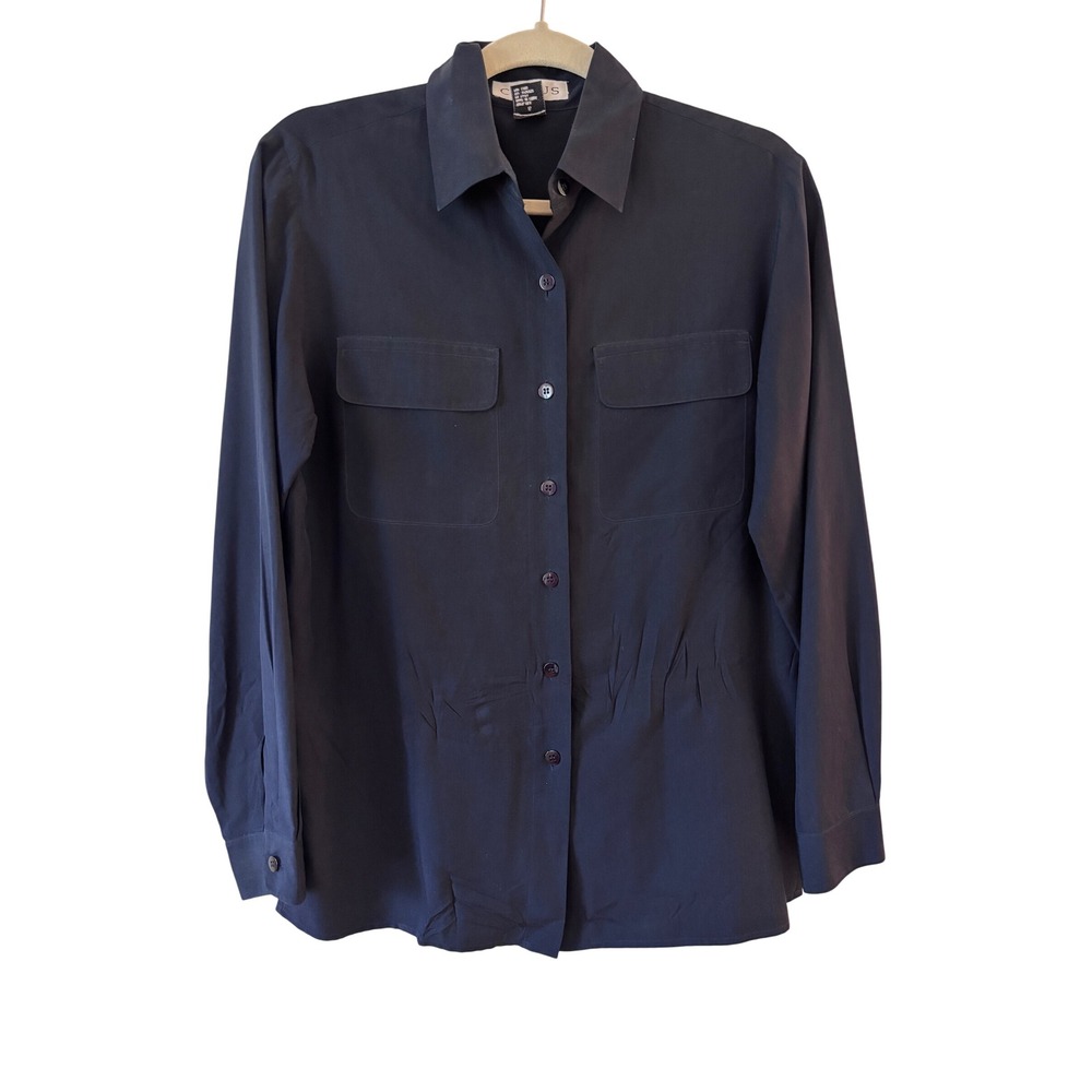 Chaus Womens Navy Blue 100% Silk Button Down Long Sleeve Blouse Size 6
